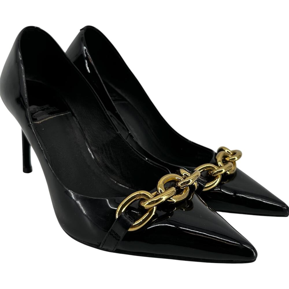 Jeffrey Campbell Pump Heels Stiletto Gold Chain Pointed Patent Leather Black 7.5